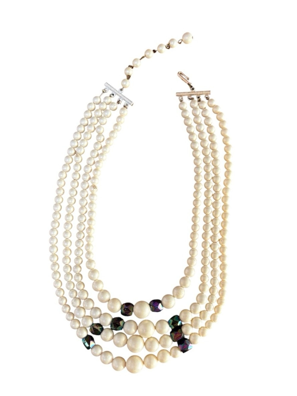Multi-Strand Ivory Pearl Necklace with Iridescent Accent Beads